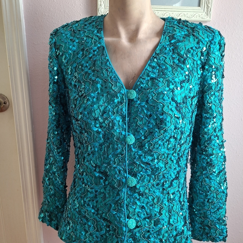 Vibrant Karen Miller Teal Sequin Jacket Top